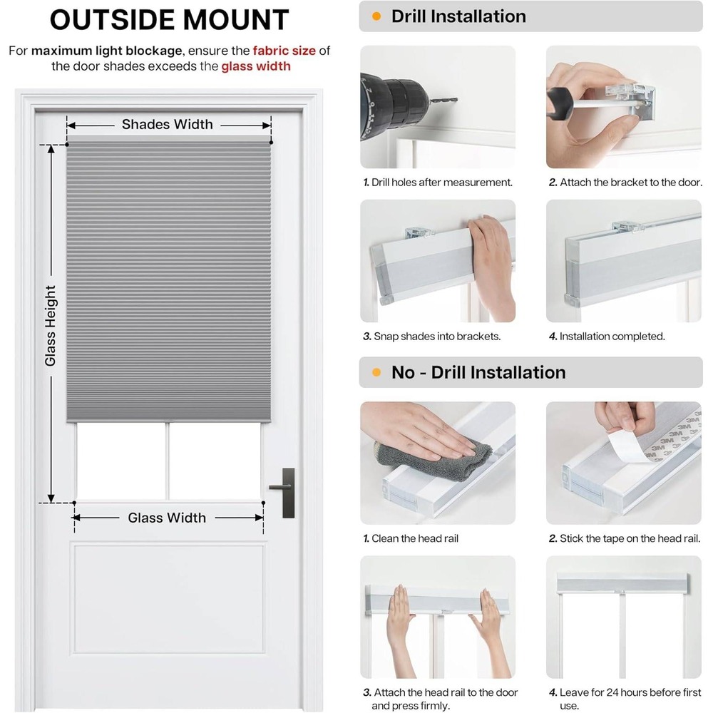 White Cellular Honeycomb Door Shades Cordless Adhesive French Door Blinds
